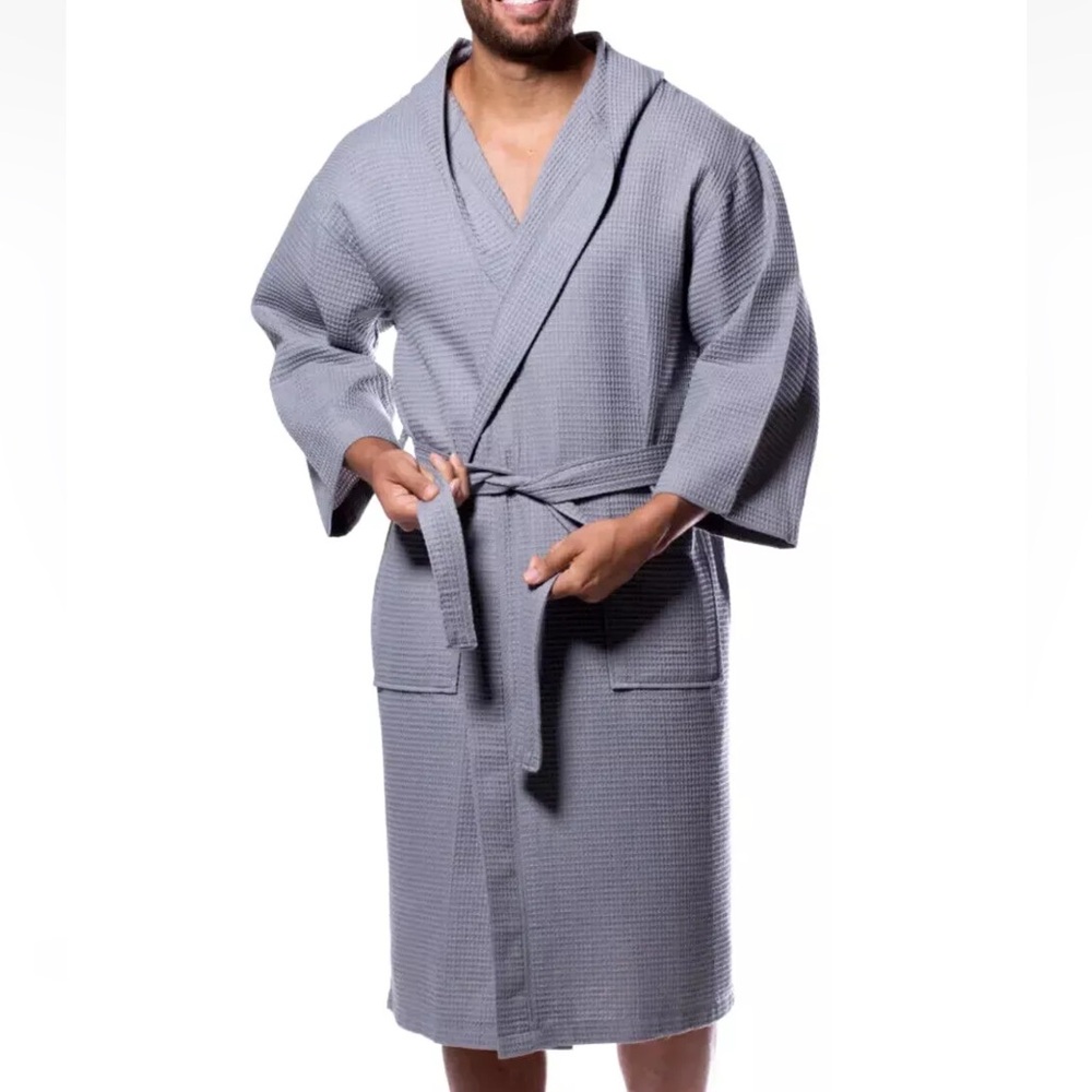 GAP Mens Hooded Waffle-Knit Robe Heather Grey M New Retail $89.95 - Picture 5 of 8